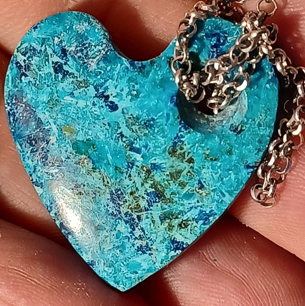 Natural shattuckite Chrysocolla heart necklace  and 925 chain